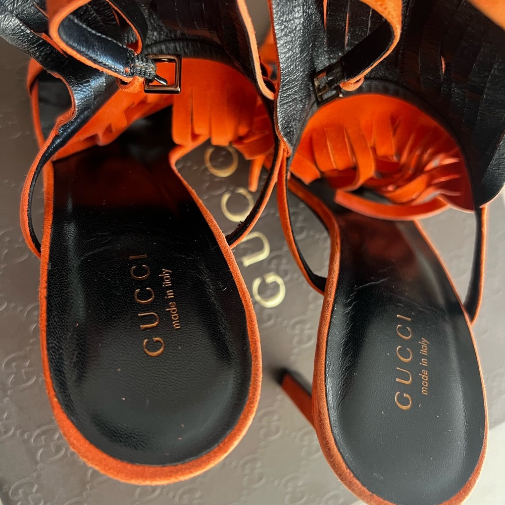 Gucci Orange Suede Fringe Stiletto Sandals - Picture 6 of 10
